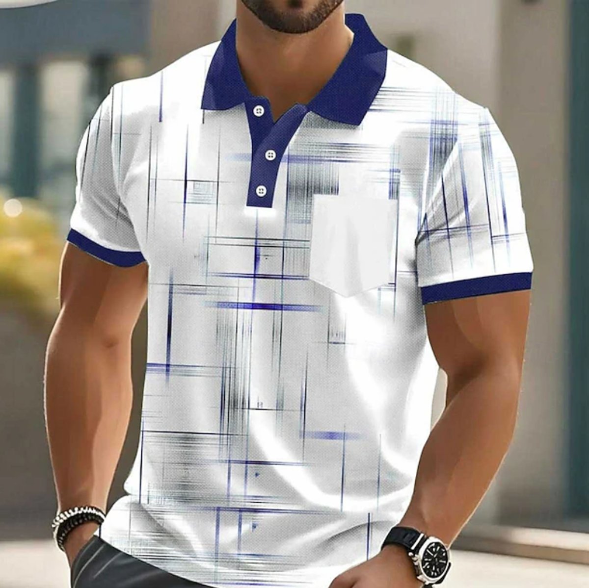 Men's Short-Sleeve Geometric-Print Button-Up Polo Shirt - Navy Blue