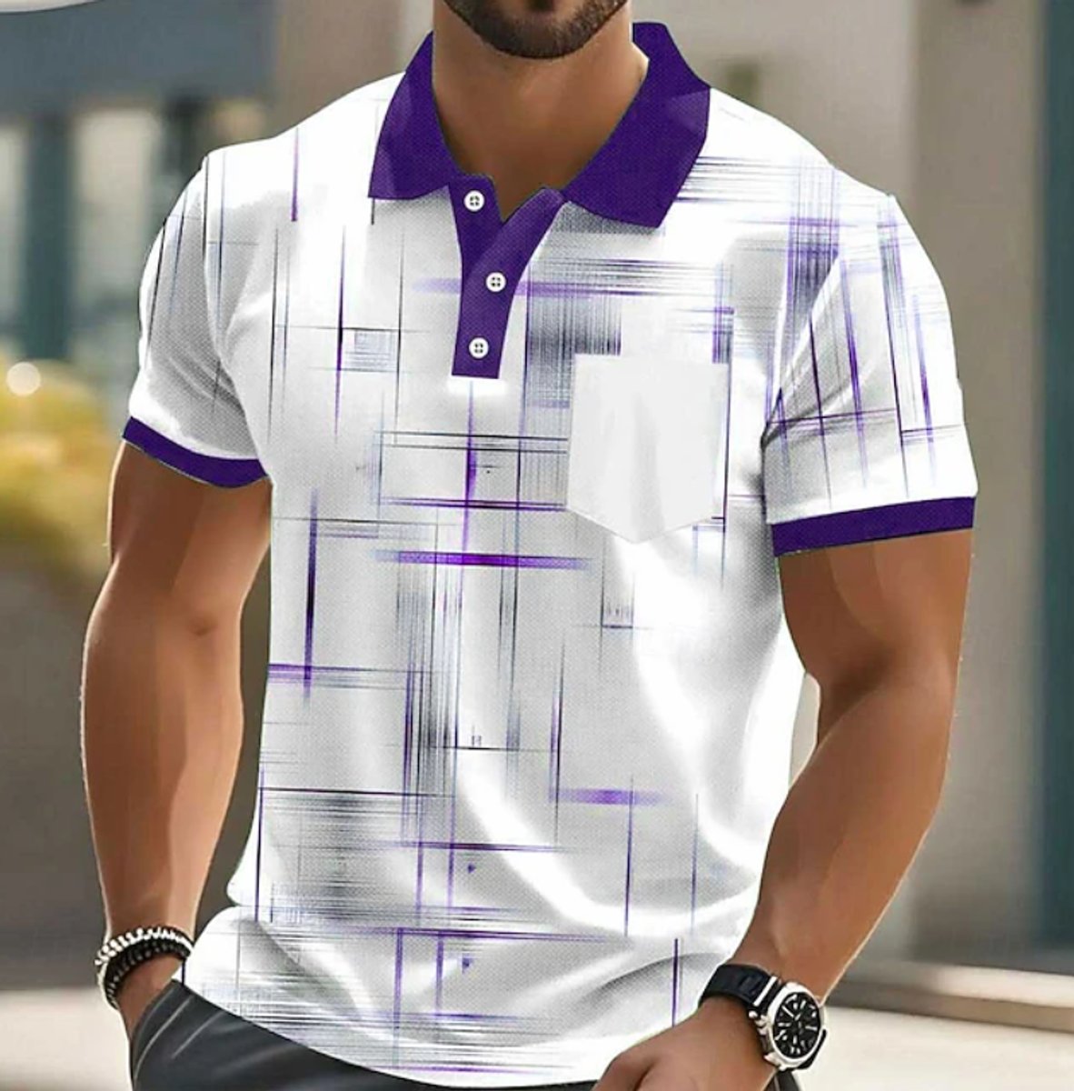 Men's Short-Sleeve Geometric-Print Button-Up Polo Shirt - Light Purple