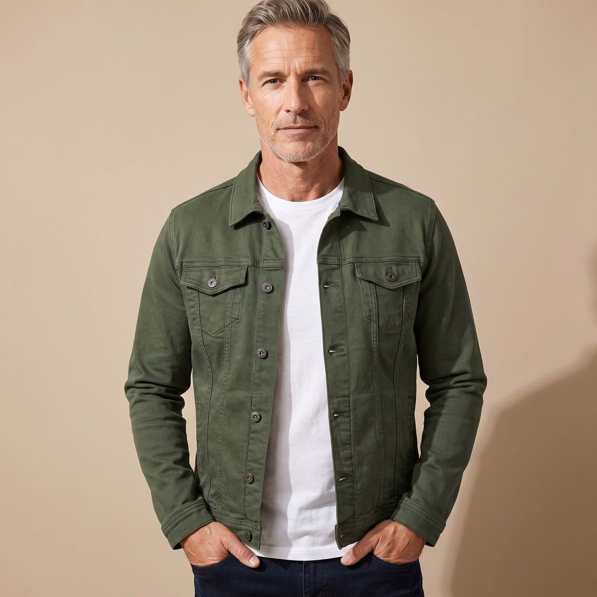 Men's Slim-Fit Button-Front Cotton Denim Jacket - Army Green