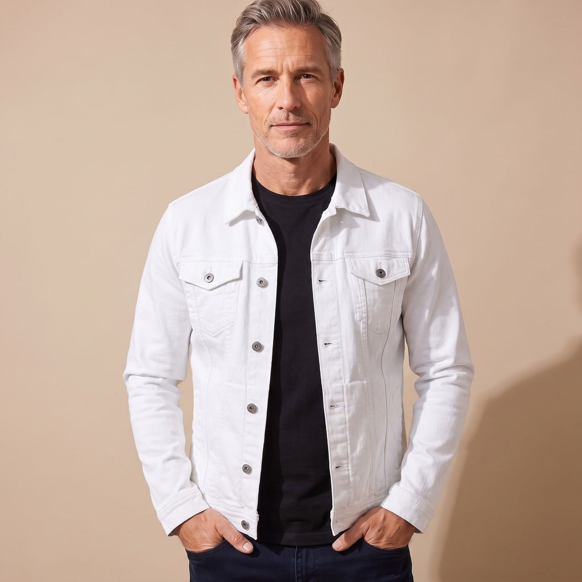 Men's Slim-Fit Button-Front Cotton Denim Jacket - White