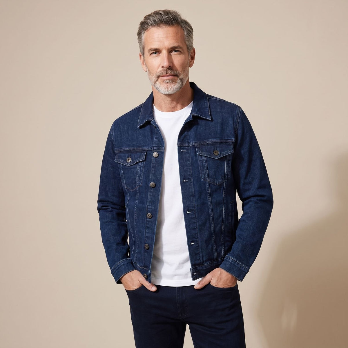 Men's Slim-Fit Button-Front Cotton Denim Jacket - Navy Blue