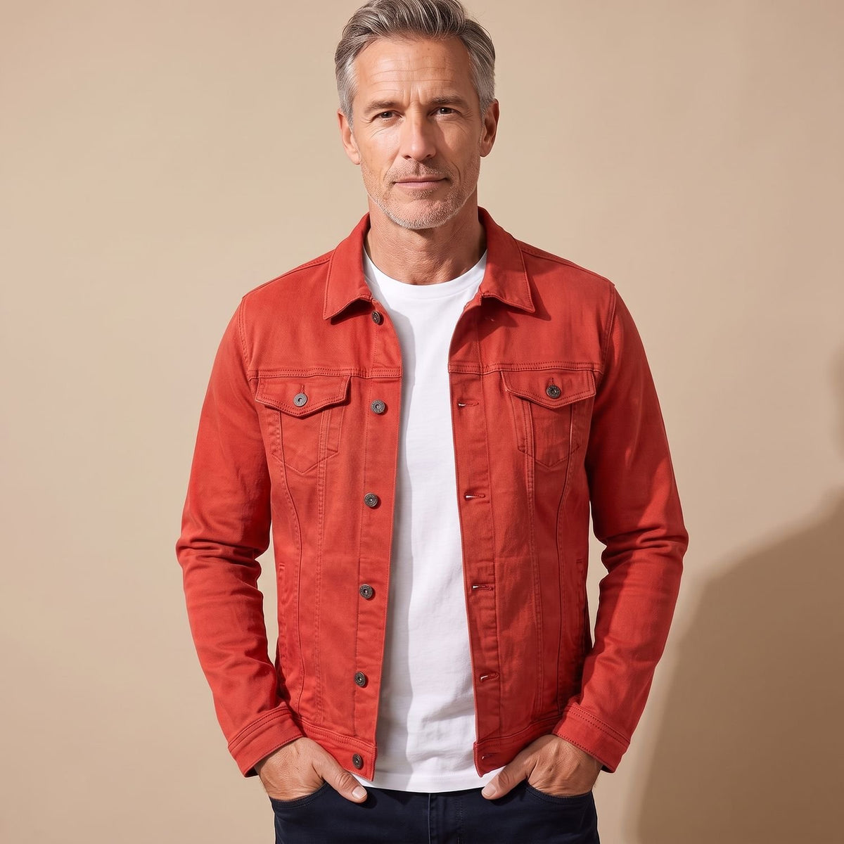 Men's Slim-Fit Button-Front Cotton Denim Jacket - Red