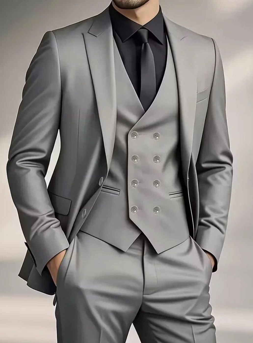 Men's Slim Fit Double-Breasted 3-Piece Suit with Waistcoat - Grey