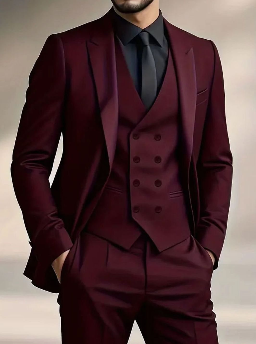 Men's Slim Fit Double-Breasted 3-Piece Suit with Waistcoat - Burgundy