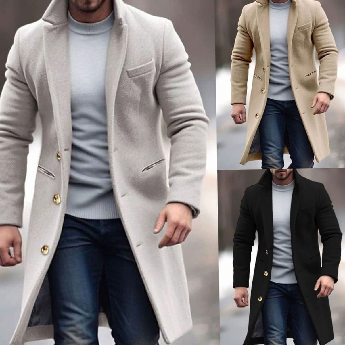Men's Slim-Fit Knee-Length Lapel Wool-Blend Overcoat