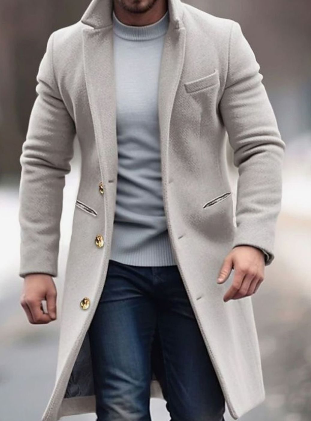 Men's Slim-Fit Knee-Length Lapel Wool-Blend Overcoat - Grey