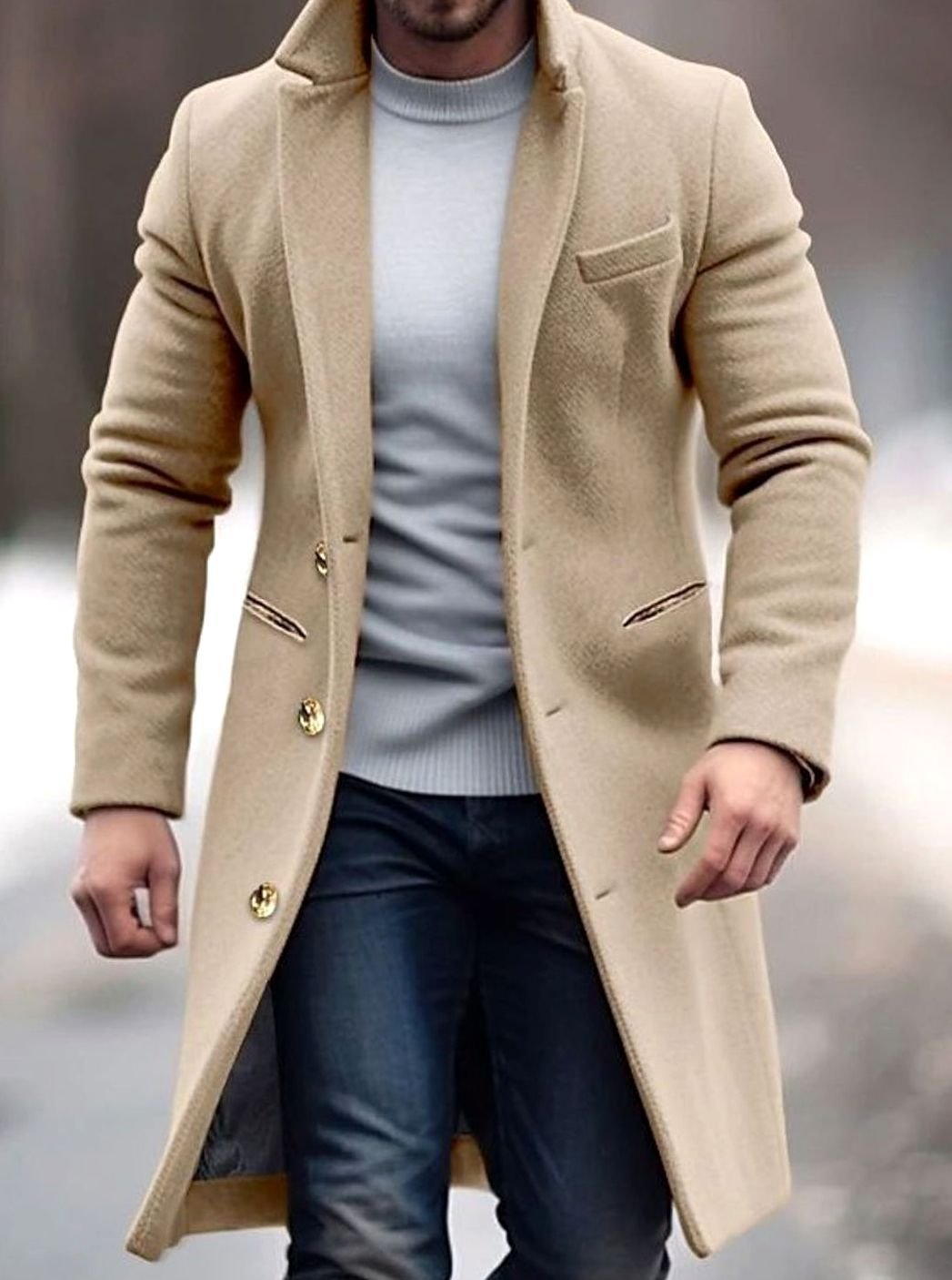Men's Slim-Fit Knee-Length Lapel Wool-Blend Overcoat - Light Brown