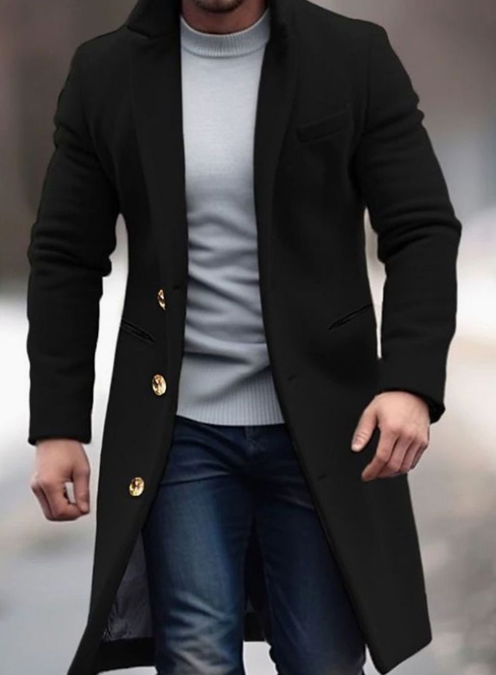 Men's Slim-Fit Knee-Length Lapel Wool-Blend Overcoat - Black