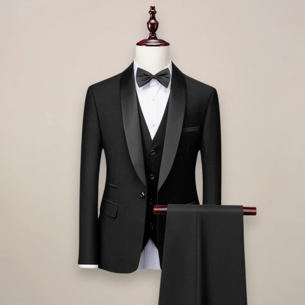 Men's Slim-Fit Shawl-Lapel Three Piece Tuxedo Suit - Black