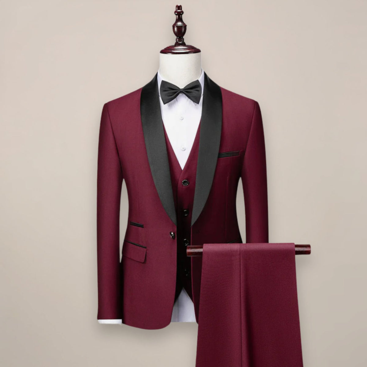Men's Slim-Fit Shawl-Lapel Three Piece Tuxedo Suit - Wine Red