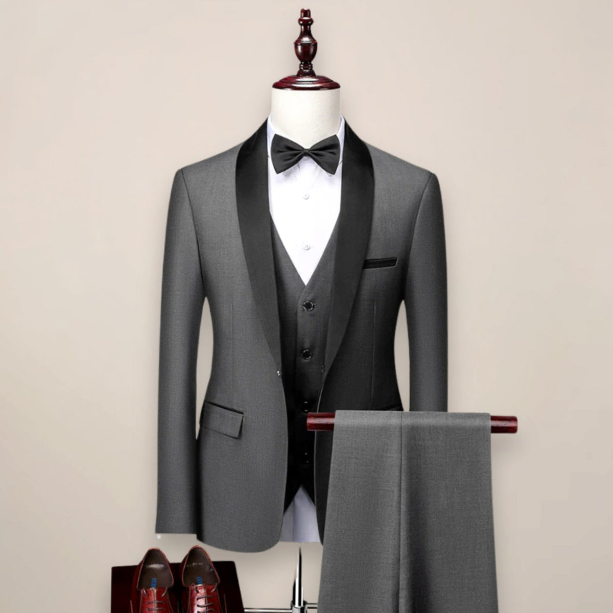 Men's Slim-Fit Shawl-Lapel Three Piece Tuxedo Suit - Grey