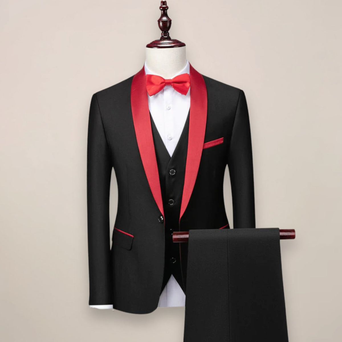 Men's Slim-Fit Shawl-Lapel Three Piece Tuxedo Suit - Black/Red