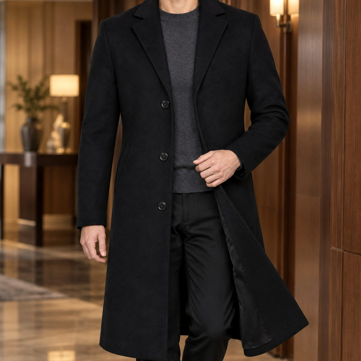 Men's Slim-Fit Single-Breasted Tailored Topcoat - Black