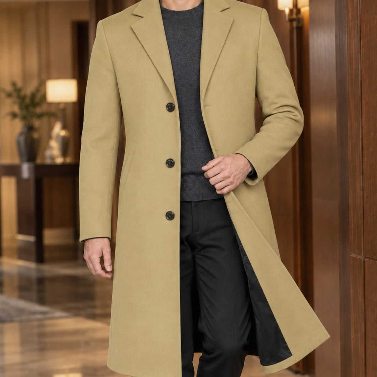 Men's Slim-Fit Single-Breasted Tailored Topcoat - Khaki