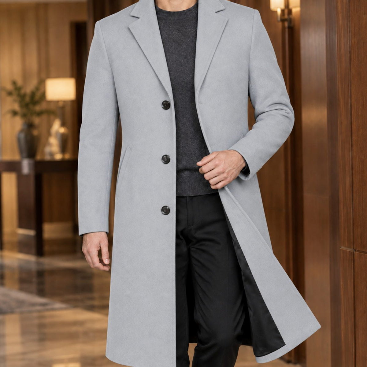 Men's Slim-Fit Single-Breasted Tailored Topcoat - Light Grey