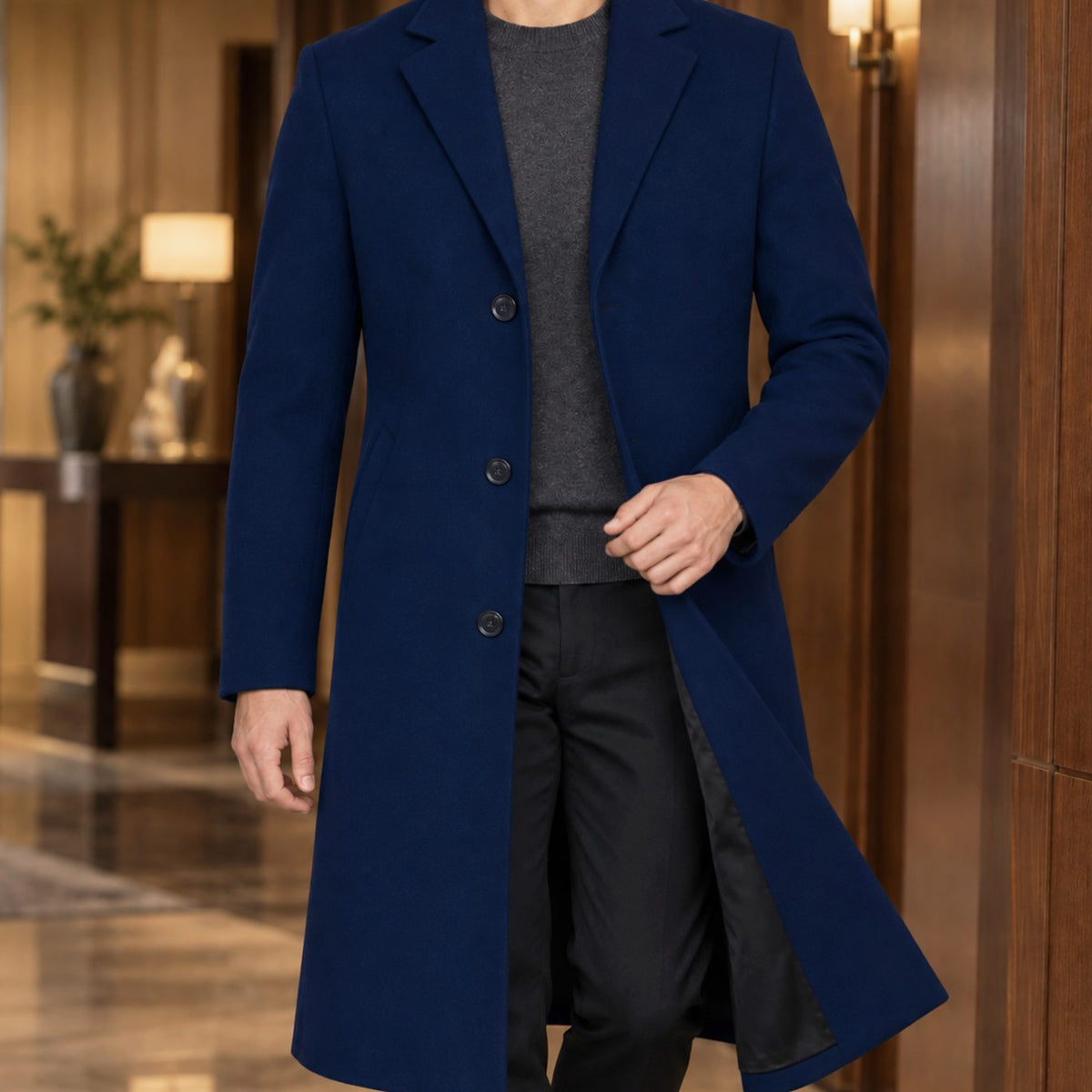 Men's Slim-Fit Single-Breasted Tailored Topcoat - Navy Blue