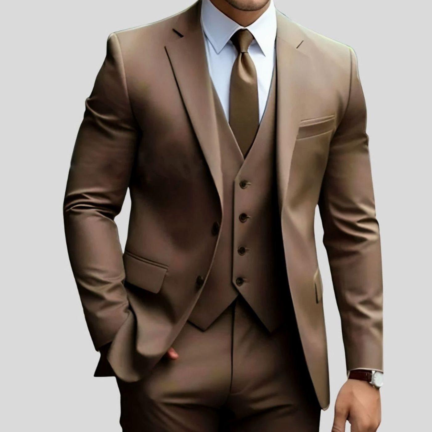 Men's Slim-Fit Three-Piece Formal Suit Jacket Waistcoat Trousers - Brown 2