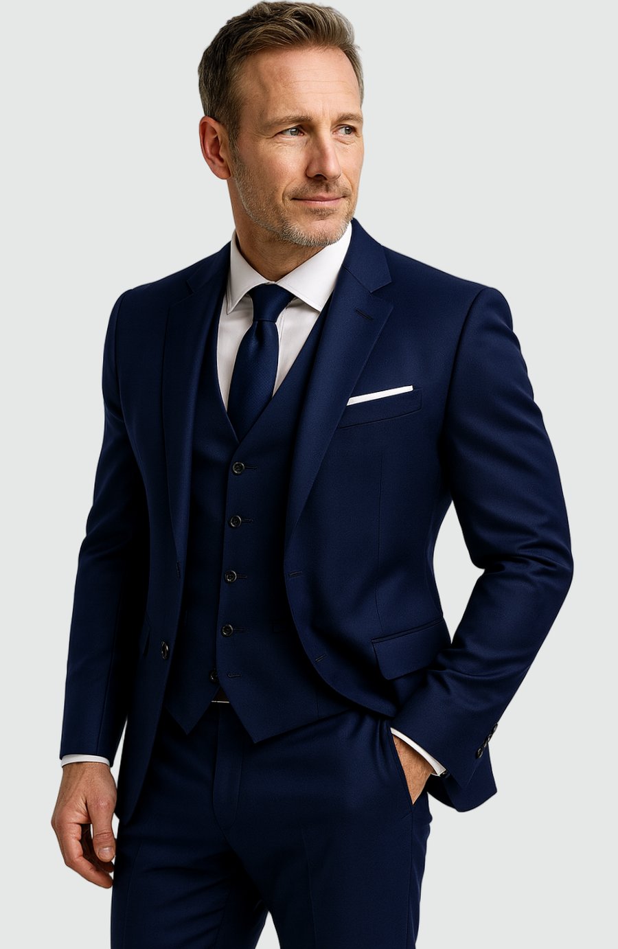 Men's Slim Fit Three Piece Suit Blazer Waistcoat Trouser Set - Navy Blue