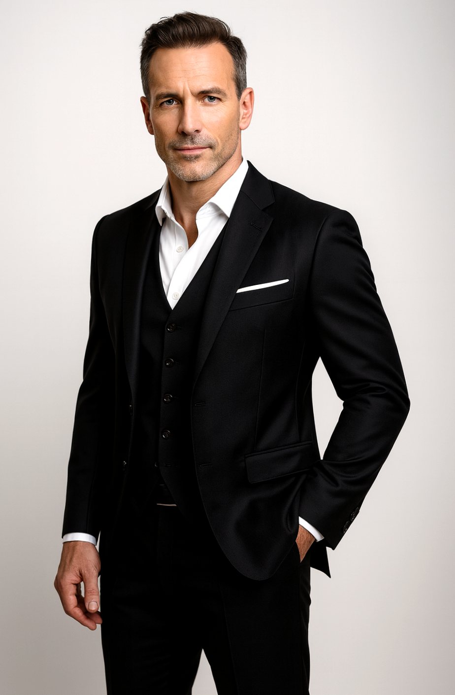 Men's Slim Fit Three Piece Suit Blazer Waistcoat Trouser Set - Black