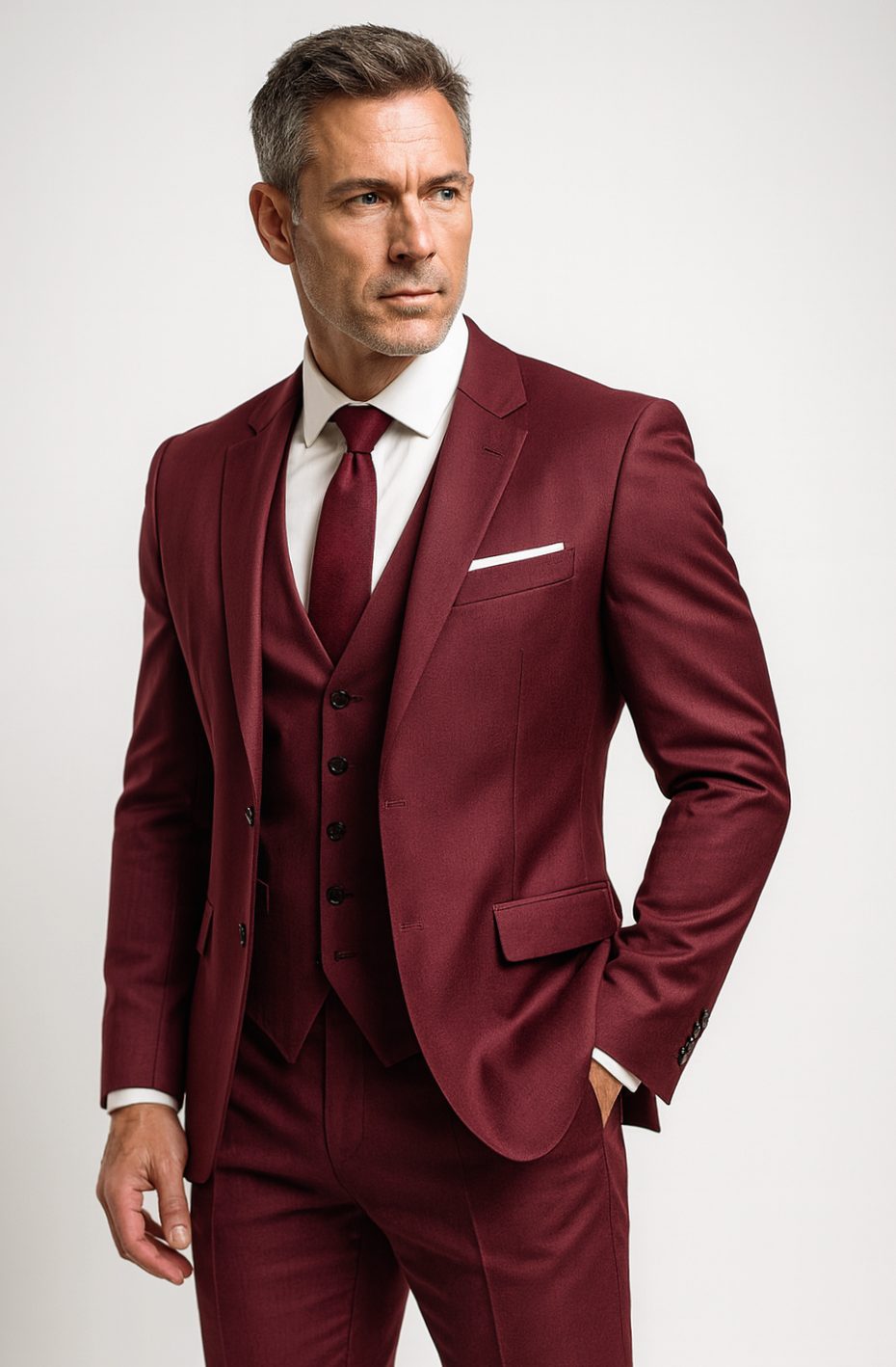 Men's Slim Fit Three Piece Suit Blazer Waistcoat Trouser Set - Wine Red