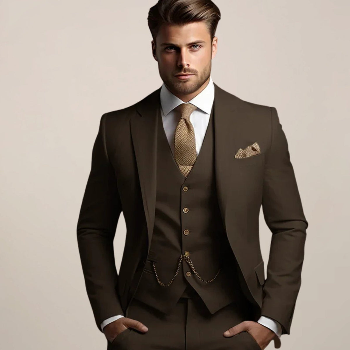 Men's Slim-Fit Three Piece Wedding Suit Jacket Waistcoat Trousers - Dark Brown