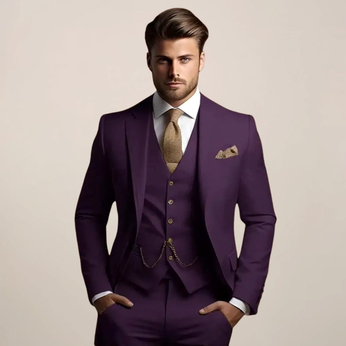 Men's Slim-Fit Three Piece Wedding Suit Jacket Waistcoat Trousers - Dark Purple