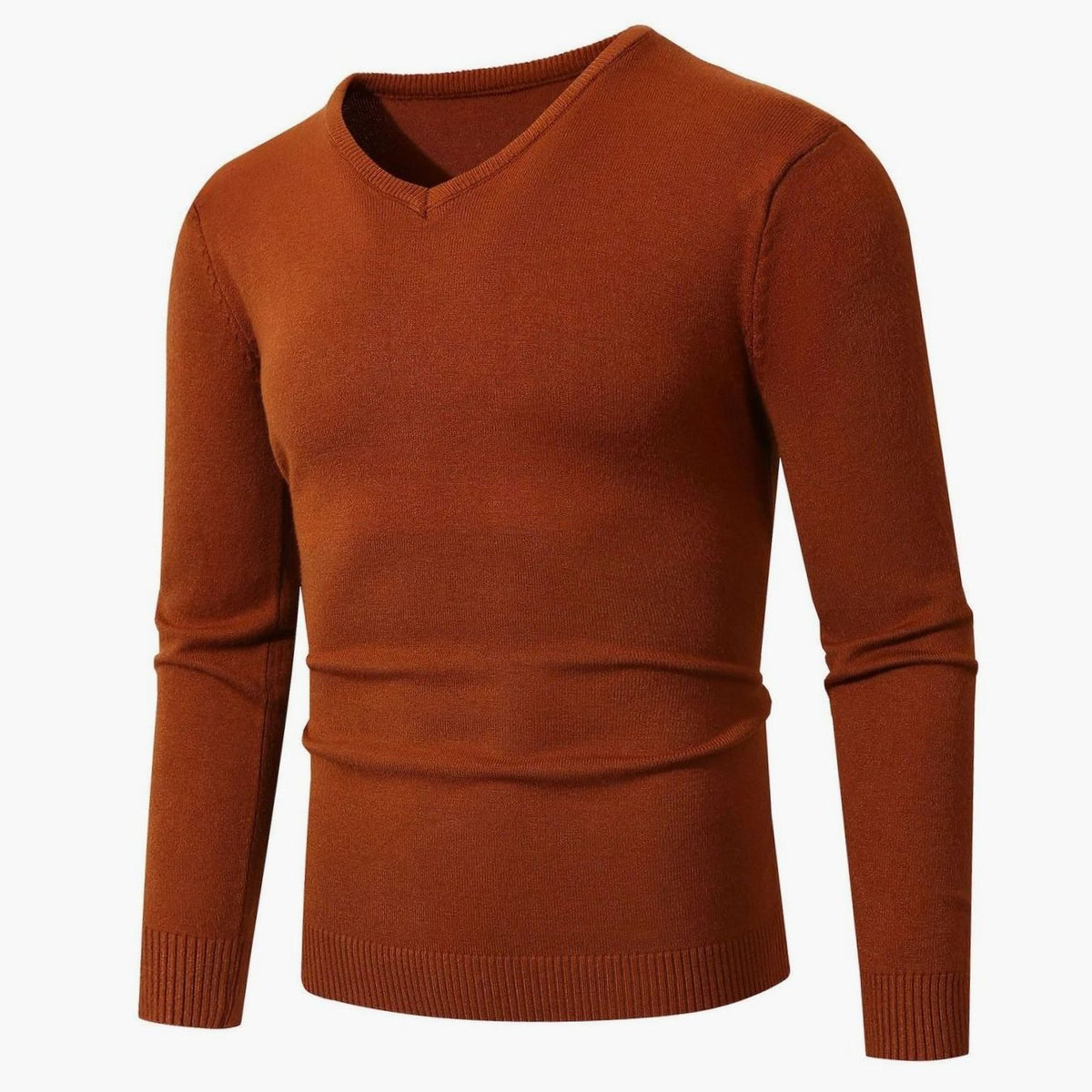 Men's Slim-Fit V-Neck Fine-Knit Stretch Sweater Ribbed Cuffs - Caramel