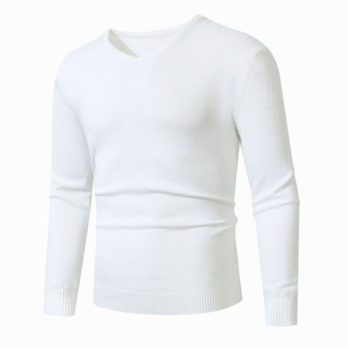 Men's Slim-Fit V-Neck Fine-Knit Stretch Sweater Ribbed Cuffs - White