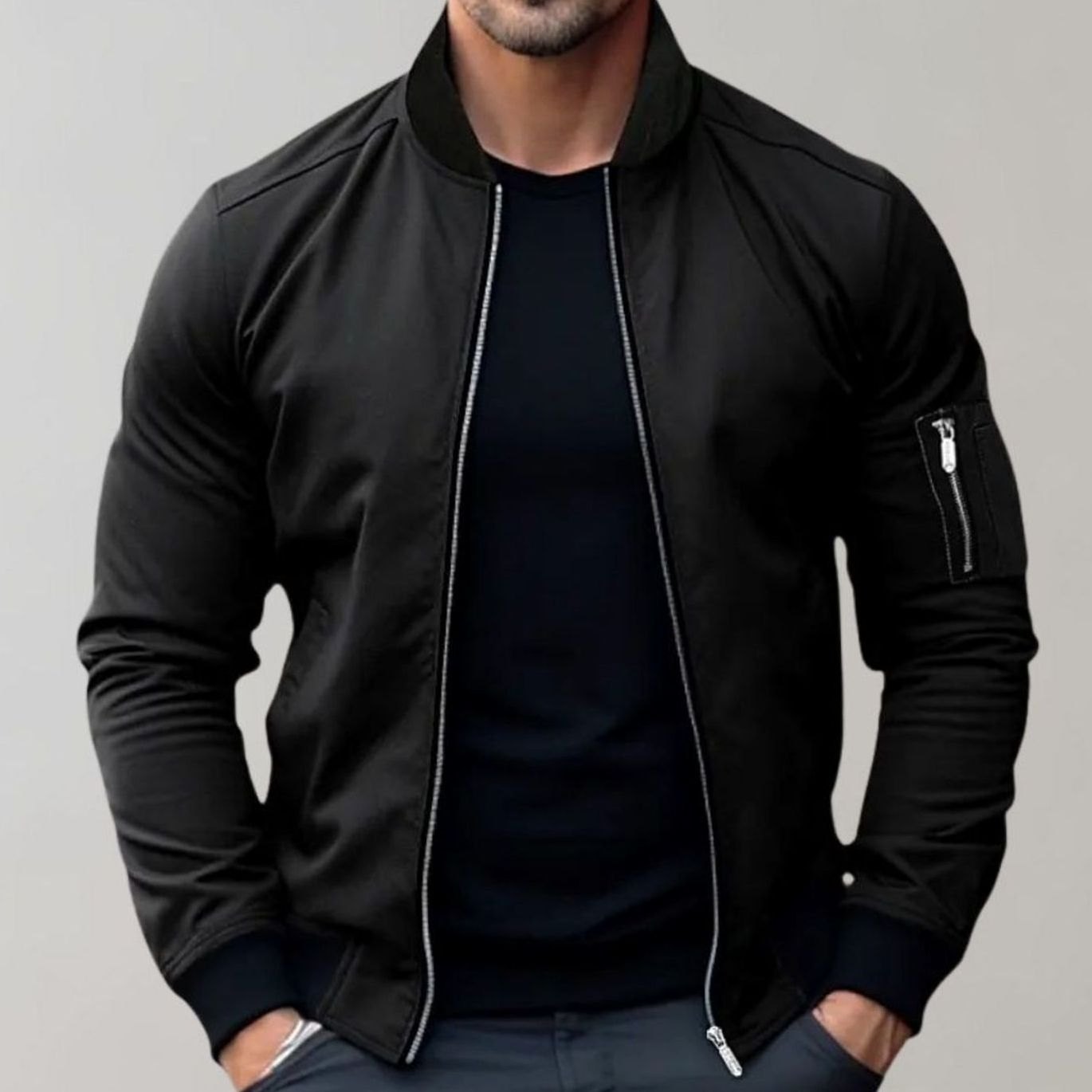 Men's Slim Fit Zip-Up Bomber Jacket Ribbed Collar Pockets - Black