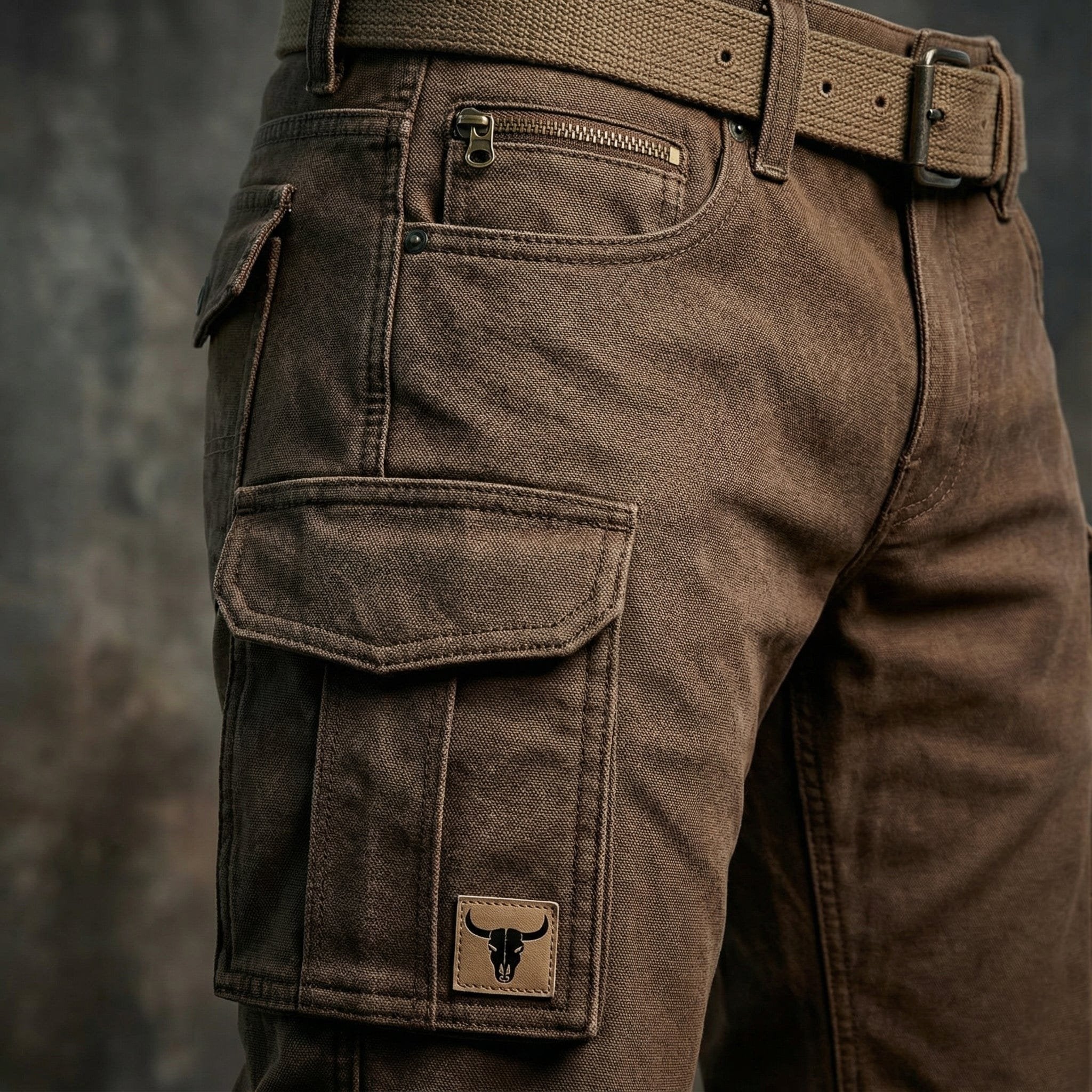 Men's Slim Tapered-Fit Cargo Trousers Flap-Pocket Bull Patch
