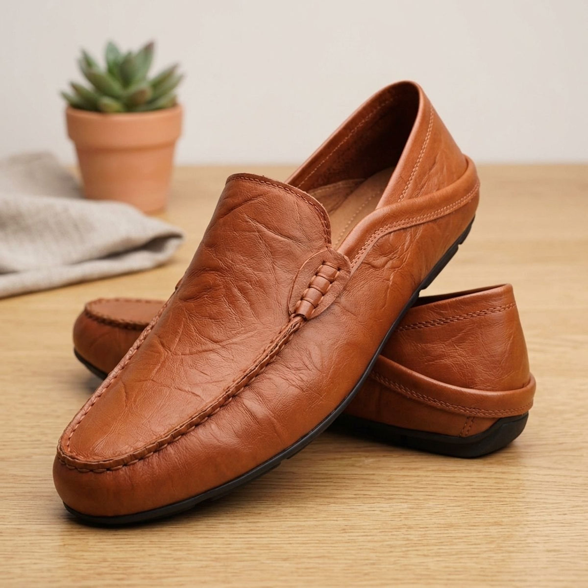 Men's Slip-On Tan Leather Moccasin Loafers - Brown