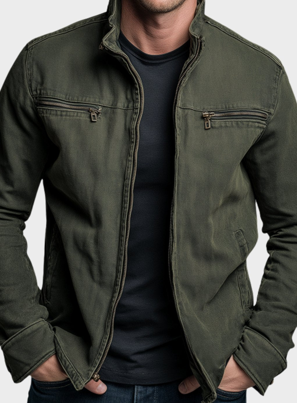 Men's Stand-Collar Full-Zip Bomber Jacket Dual Chest Pockets