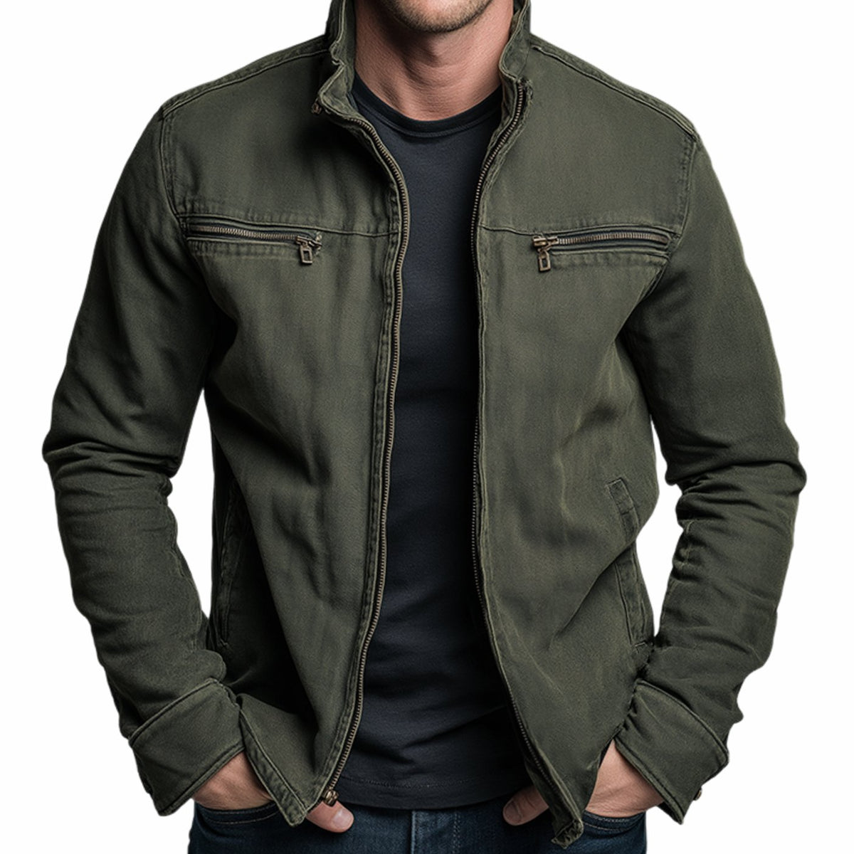 Men's Stand-Collar Full-Zip Bomber Jacket Dual Chest Pockets - Army Green