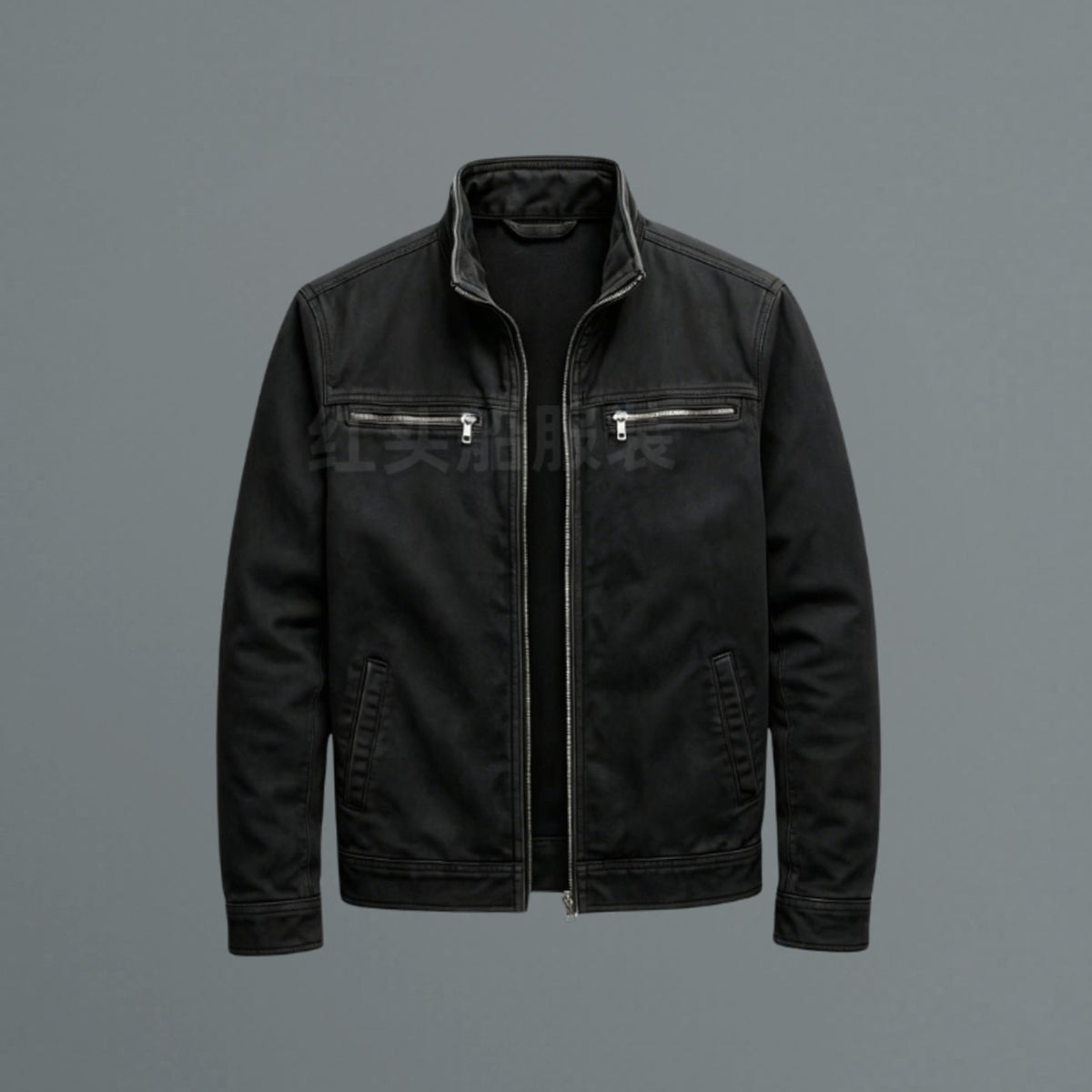 Men's Stand-Collar Full-Zip Bomber Jacket Dual Chest Pockets - Black