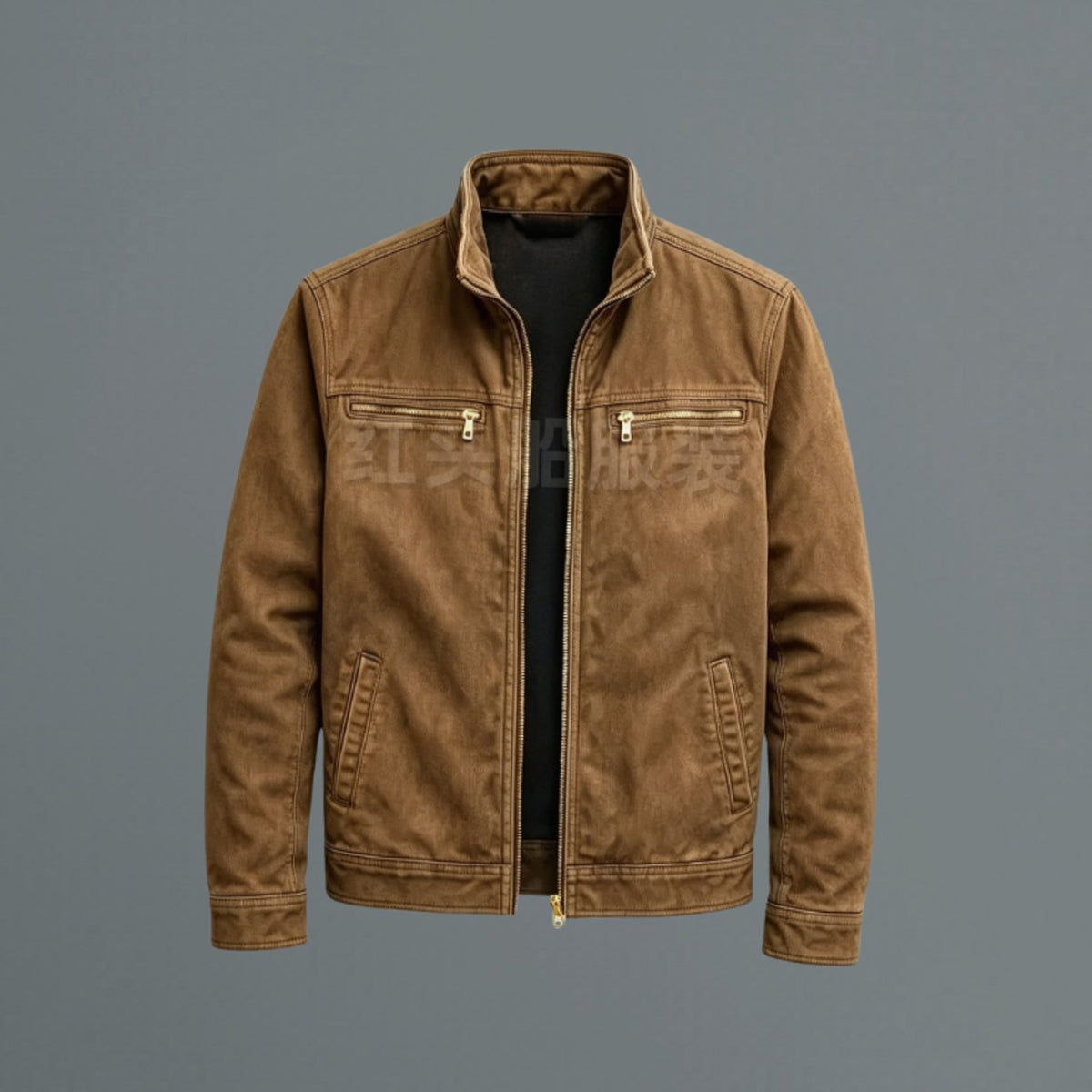 Men's Stand-Collar Full-Zip Bomber Jacket Dual Chest Pockets - Brown