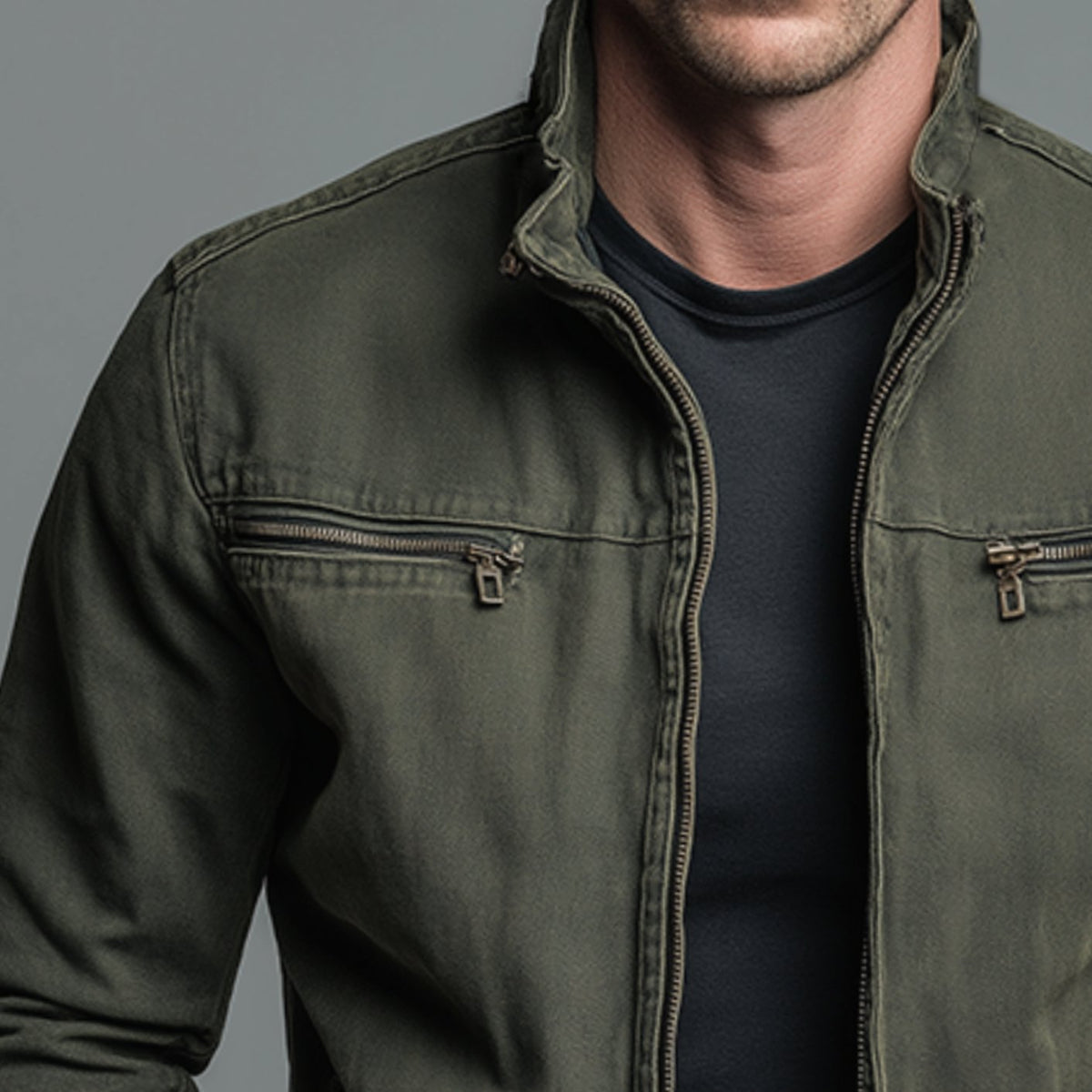 Men's Stand-Collar Full-Zip Bomber Jacket Dual Chest Pockets