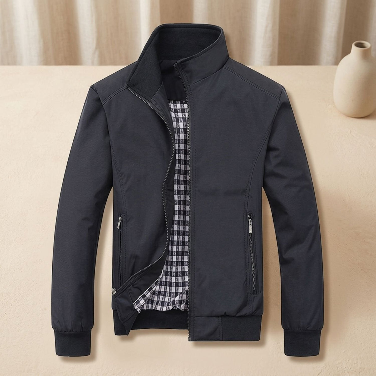 Men's Stand Collar Plaid-Lined Casual Zip-Up Jacket - Dark Blue