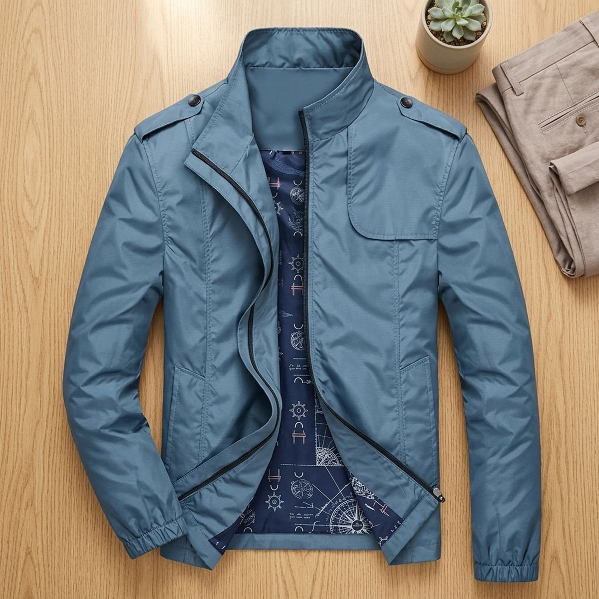 Men's Stand Collar Plaid-Lined Casual Zip-Up Jacket - Petrol Blue