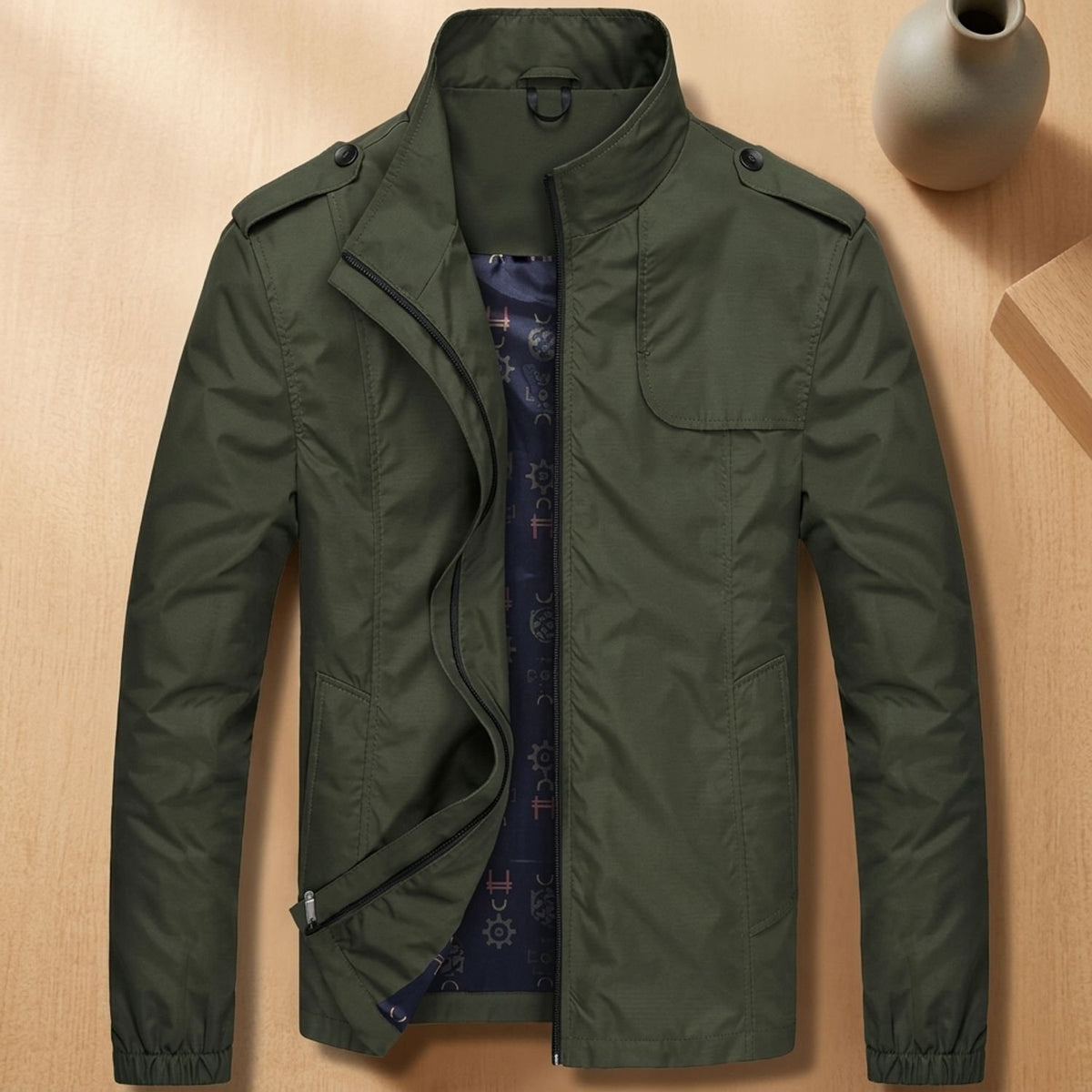 Men's Stand Collar Plaid-Lined Casual Zip-Up Jacket - Dark Green