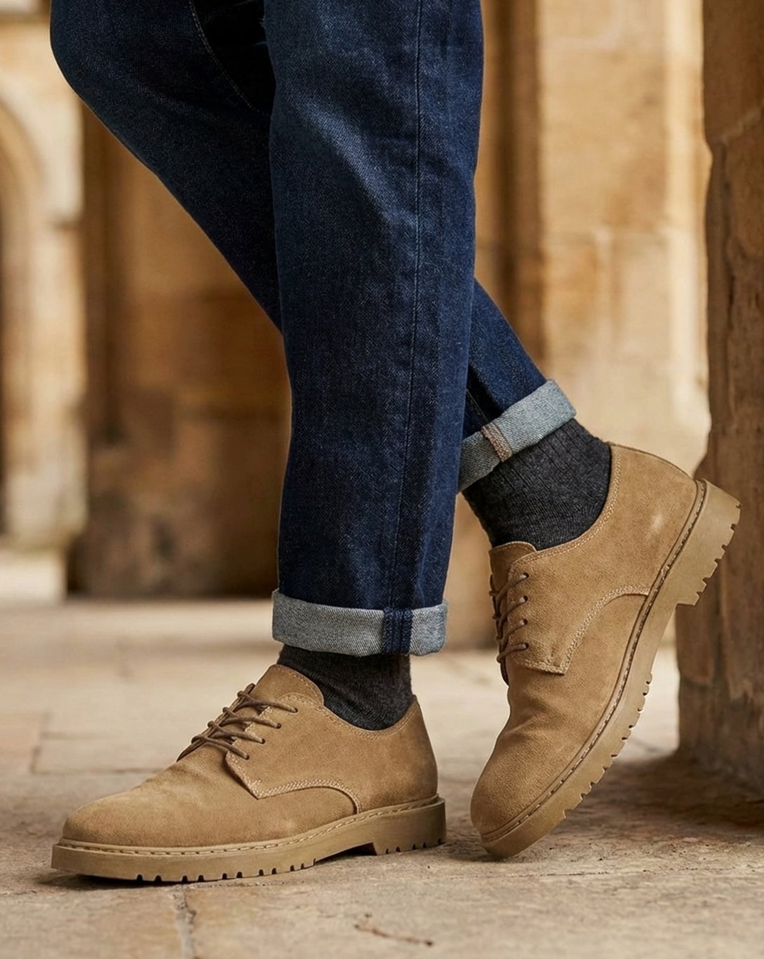Men's Suede Lace-Up Derby Shoes Chunky Lug Sole