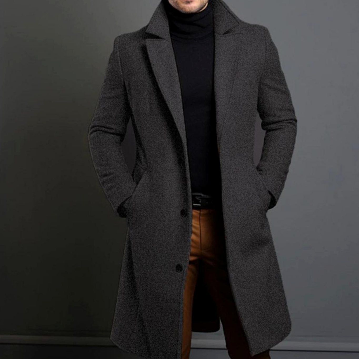 Men's Tailored Single-Breasted Long Overcoat Lapel Wool-Look - Grey