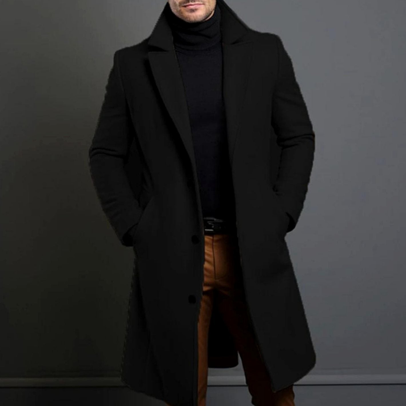 Men's Tailored Single-Breasted Long Overcoat Lapel Wool-Look - Black