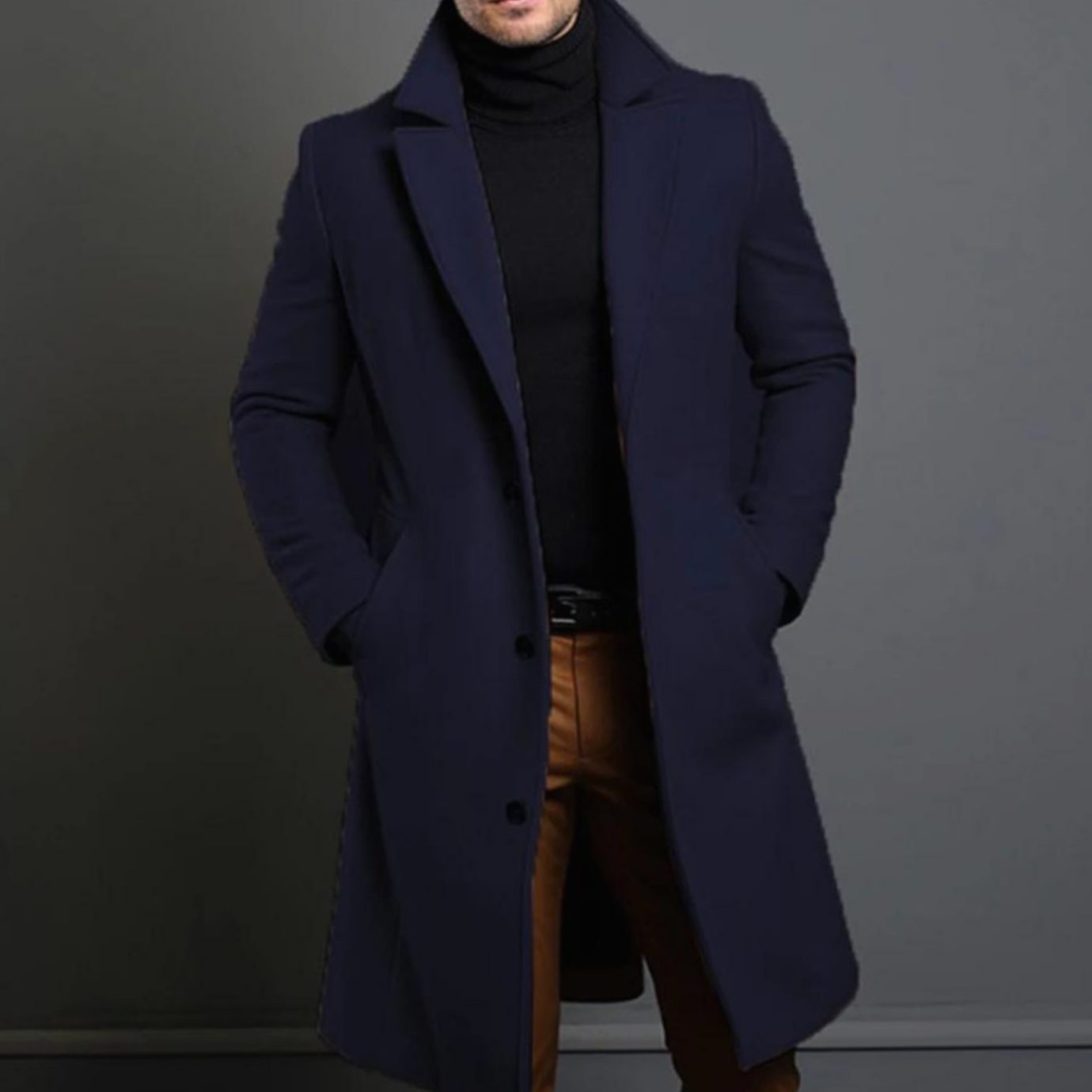 Men's Tailored Single-Breasted Long Overcoat Lapel Wool-Look - Blue