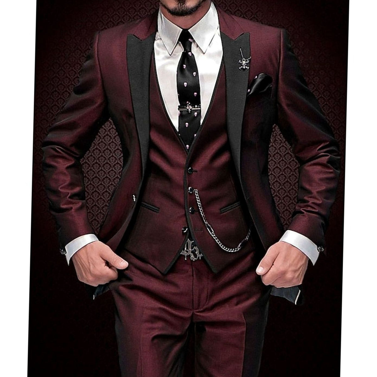 Men's Tailored Three Piece Suit Contrast Lapel Blazer Waistcoat Set - Burgundy