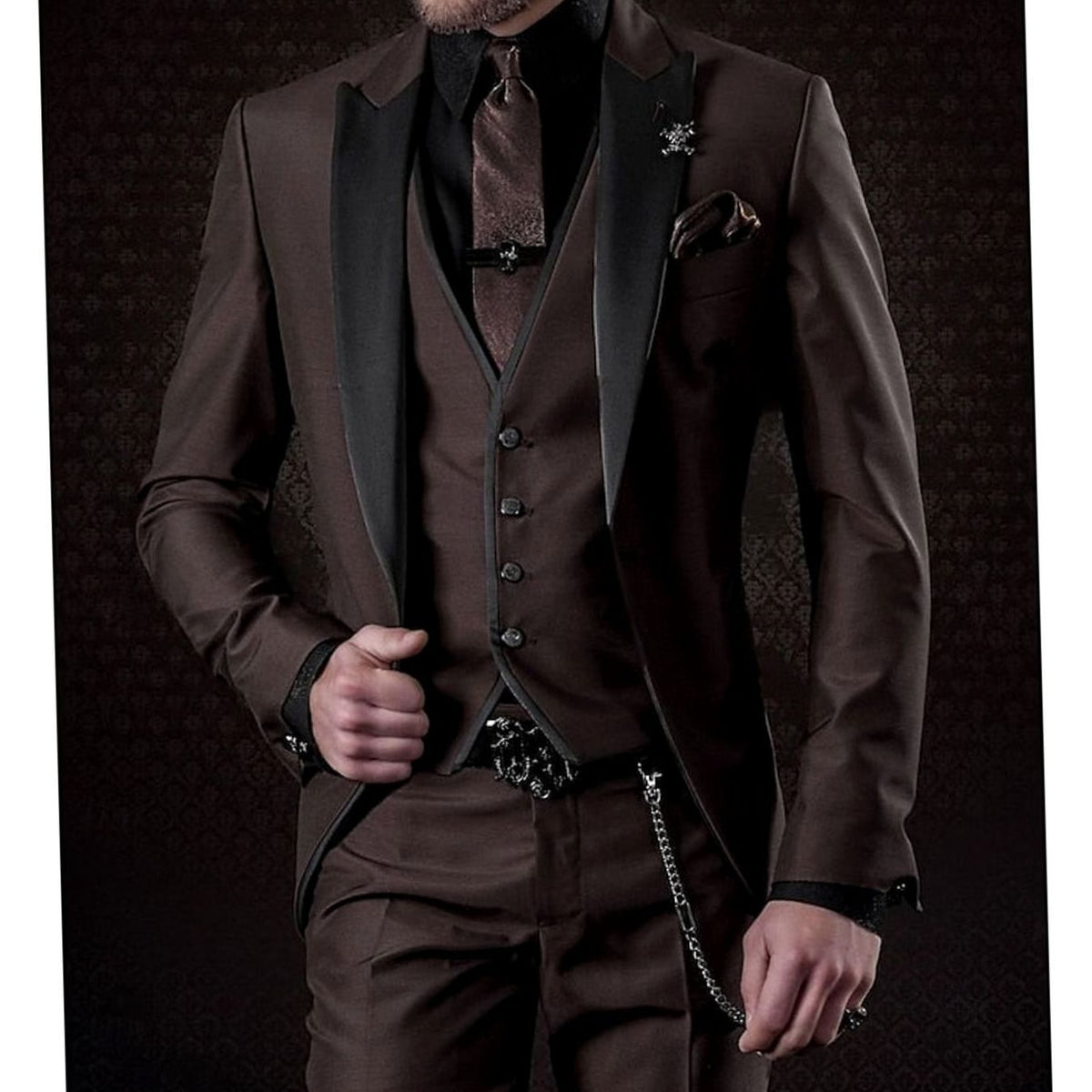 Men's Tailored Three Piece Suit Contrast Lapel Blazer Waistcoat Set - Brown
