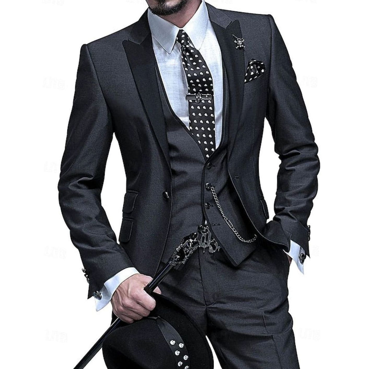 Men's Tailored Three Piece Suit Contrast Lapel Blazer Waistcoat Set - Black