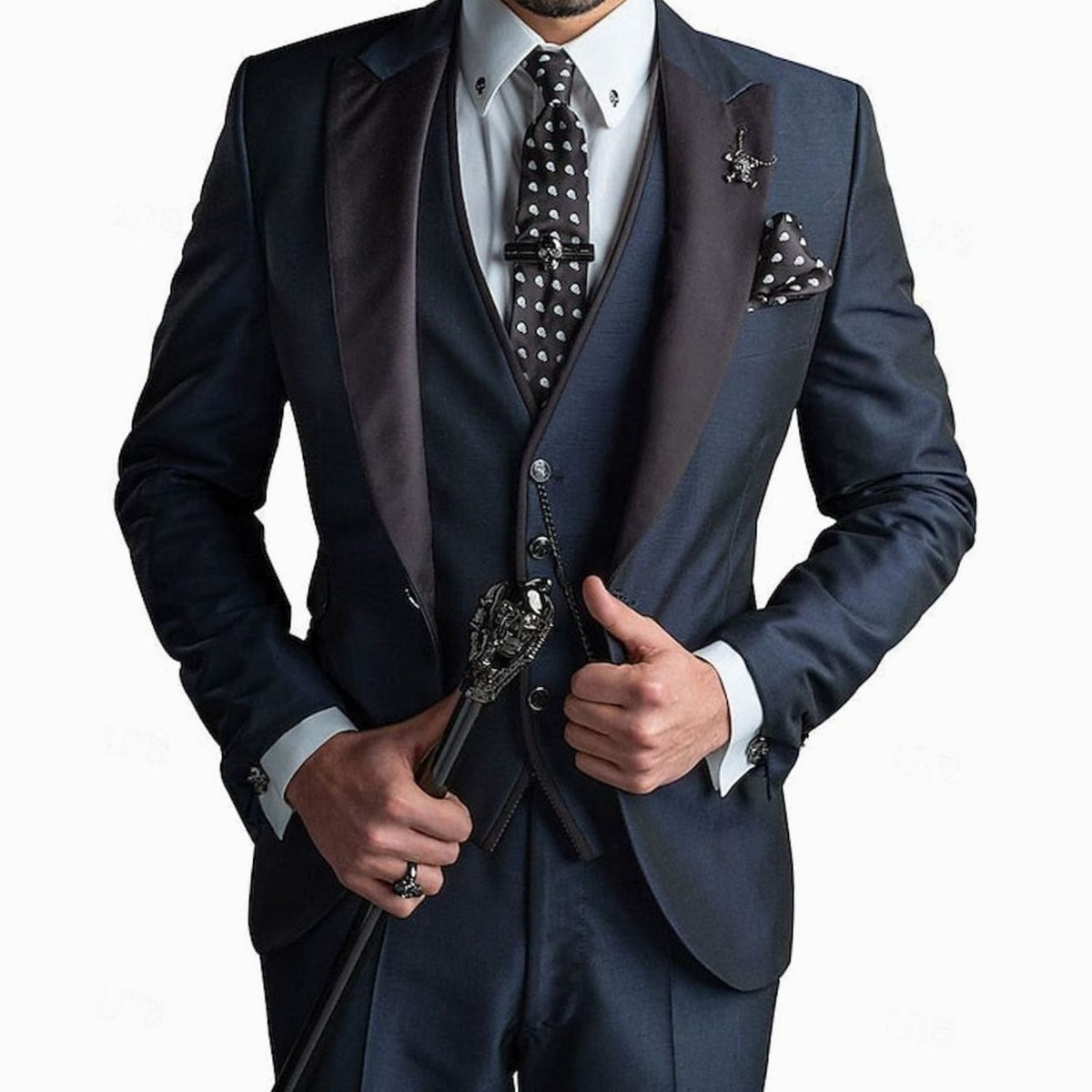 Men's Tailored Three Piece Suit Contrast Lapel Blazer Waistcoat Set - Navy