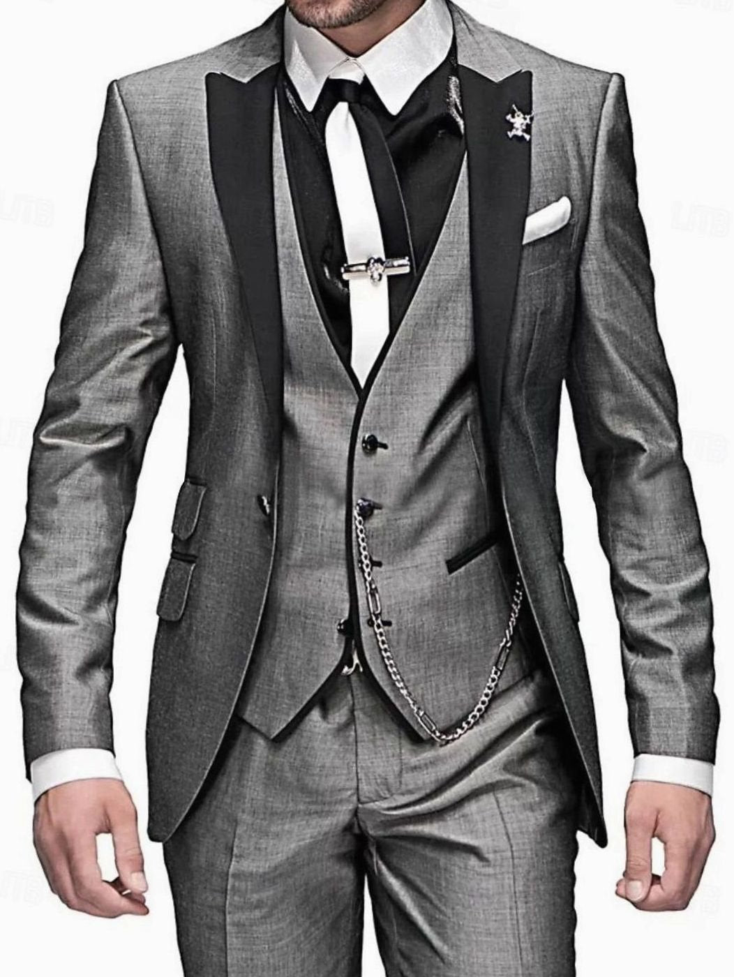 Men's Tailored Three Piece Suit Contrast Lapel Blazer Waistcoat Set - Grey