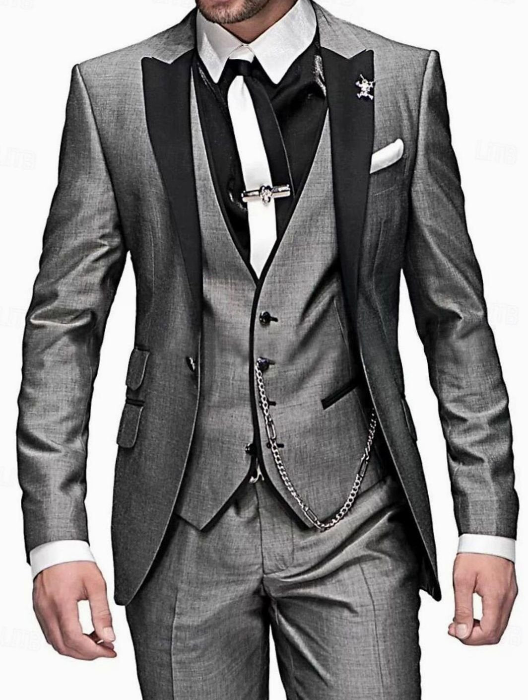Men's Tailored Three Piece Suit Slim-Fit Formal Occasion Set - Grey