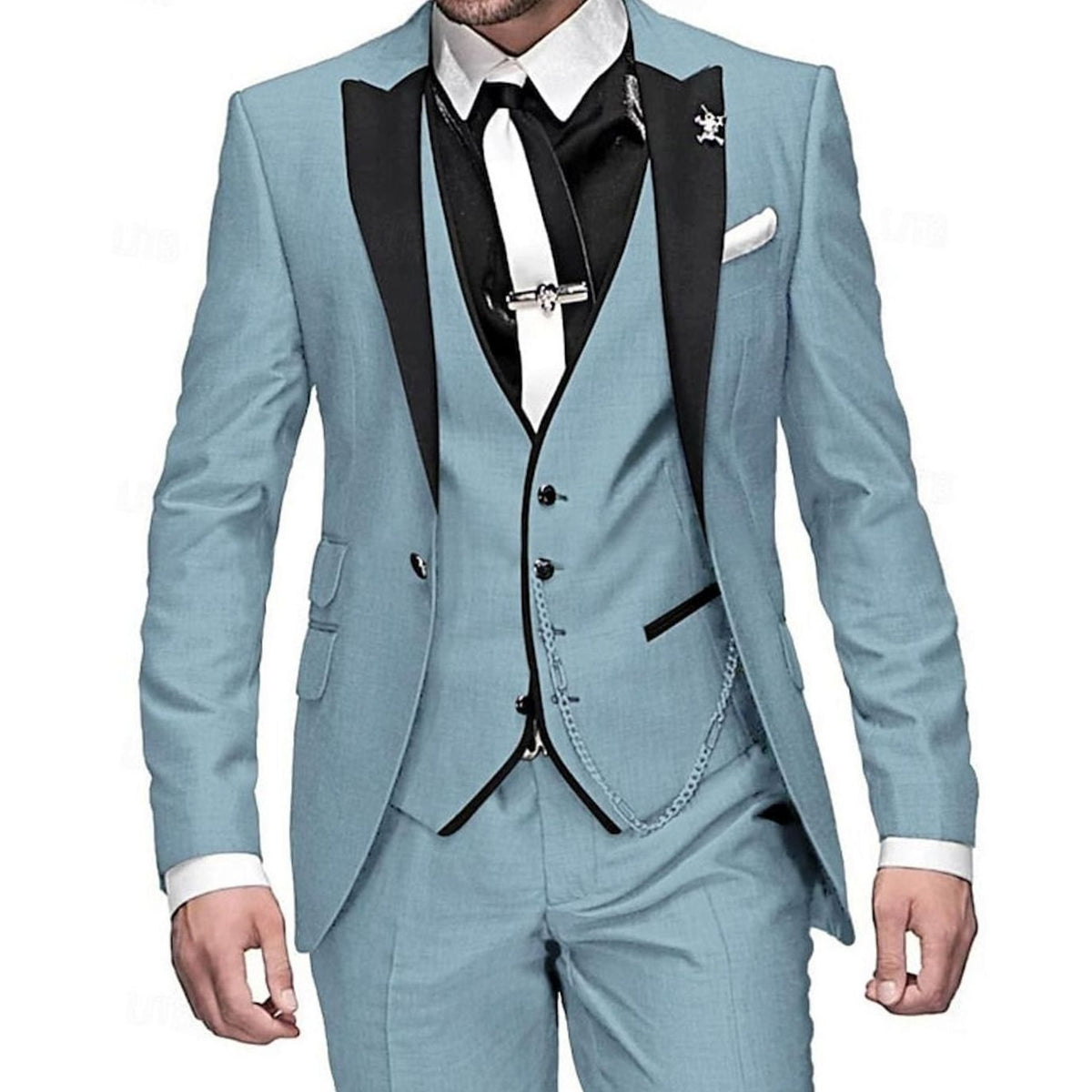 Men's Tailored Three Piece Suit Slim-Fit Formal Occasion Set - Light Blue